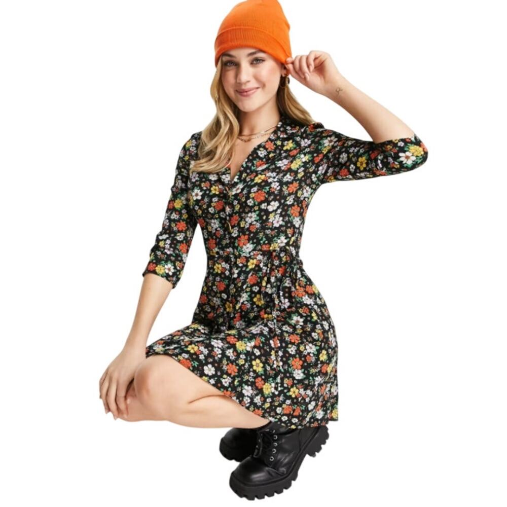 ASOS Design Curve Collared Button Up Mini Shirt Dress Floral 3/4 Sleeve Sz 16